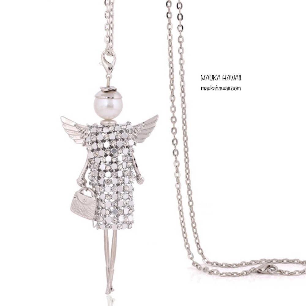 Angel Wings Pearl Girl Silver Rhinestone Figurine Necklace w 27 in Chain New!